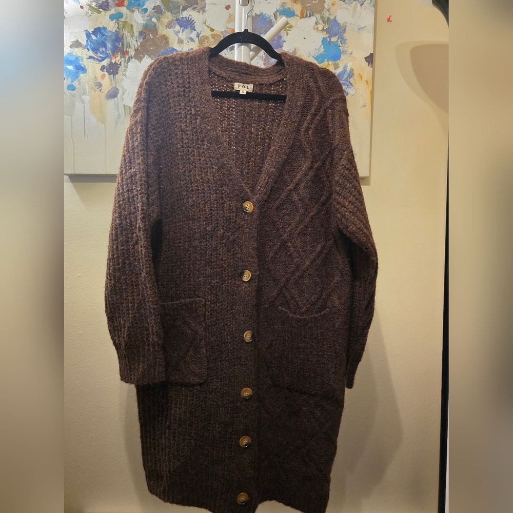 POL Oversized Longline Button Front Cardigan Brown Textured Knit NWOT - Picture 5 of 7